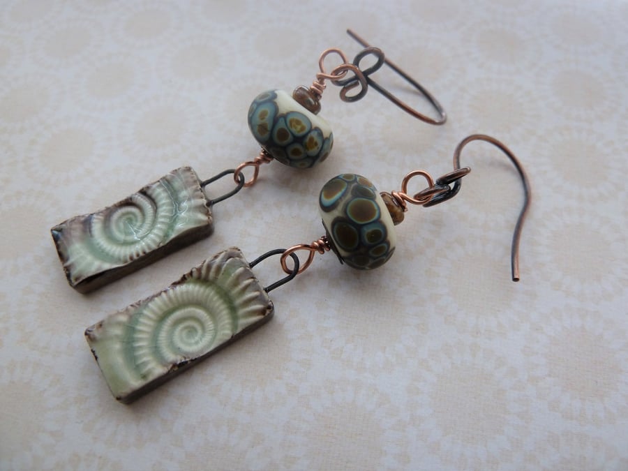 handmade copper, lampwork and ceramic earrings