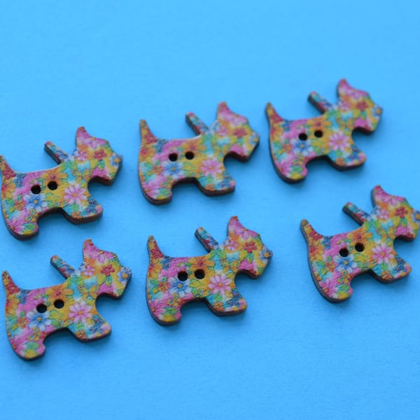 Wooden Scottie Dog Buttons Multi Coloured Flowers 6pk 28x20mm Scotty (DG24)