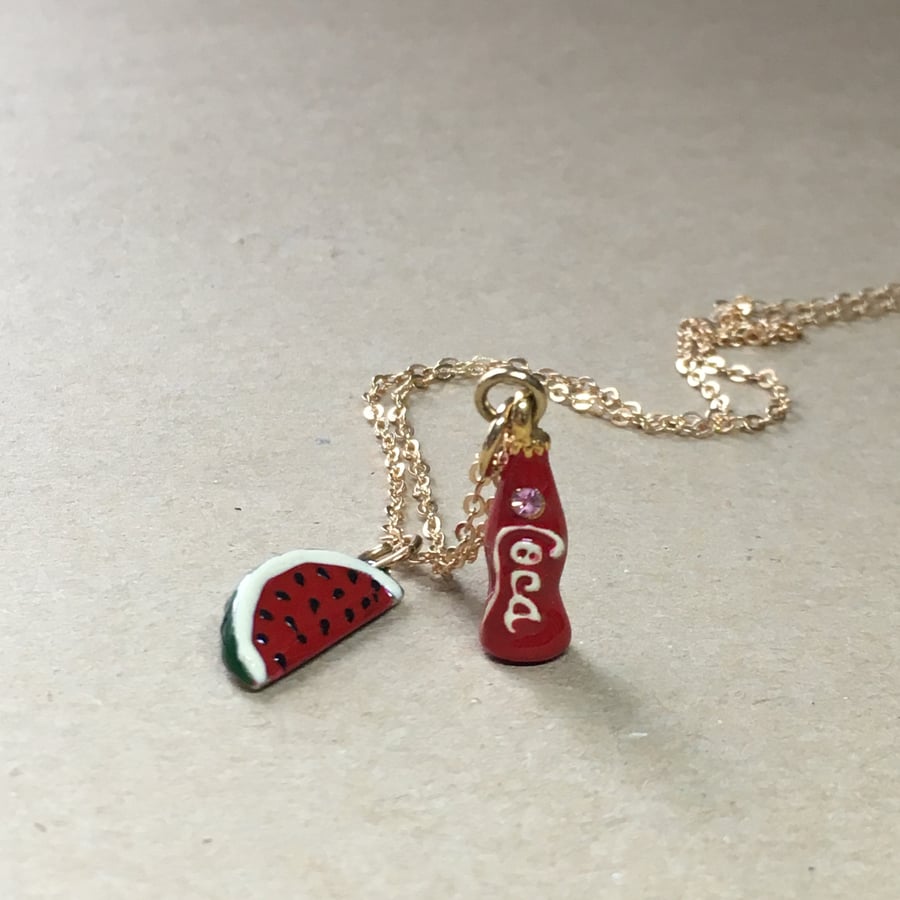 Upcycled Miniature Red Coca Bottle And Water Melon Vintage Charms Necklace