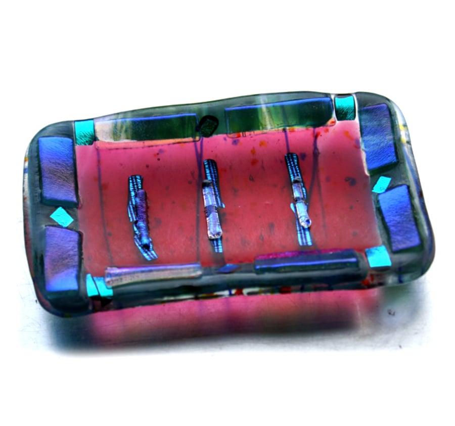 Soap Dish Fused Glass Emerald Raspberry Bordered Dichroic
