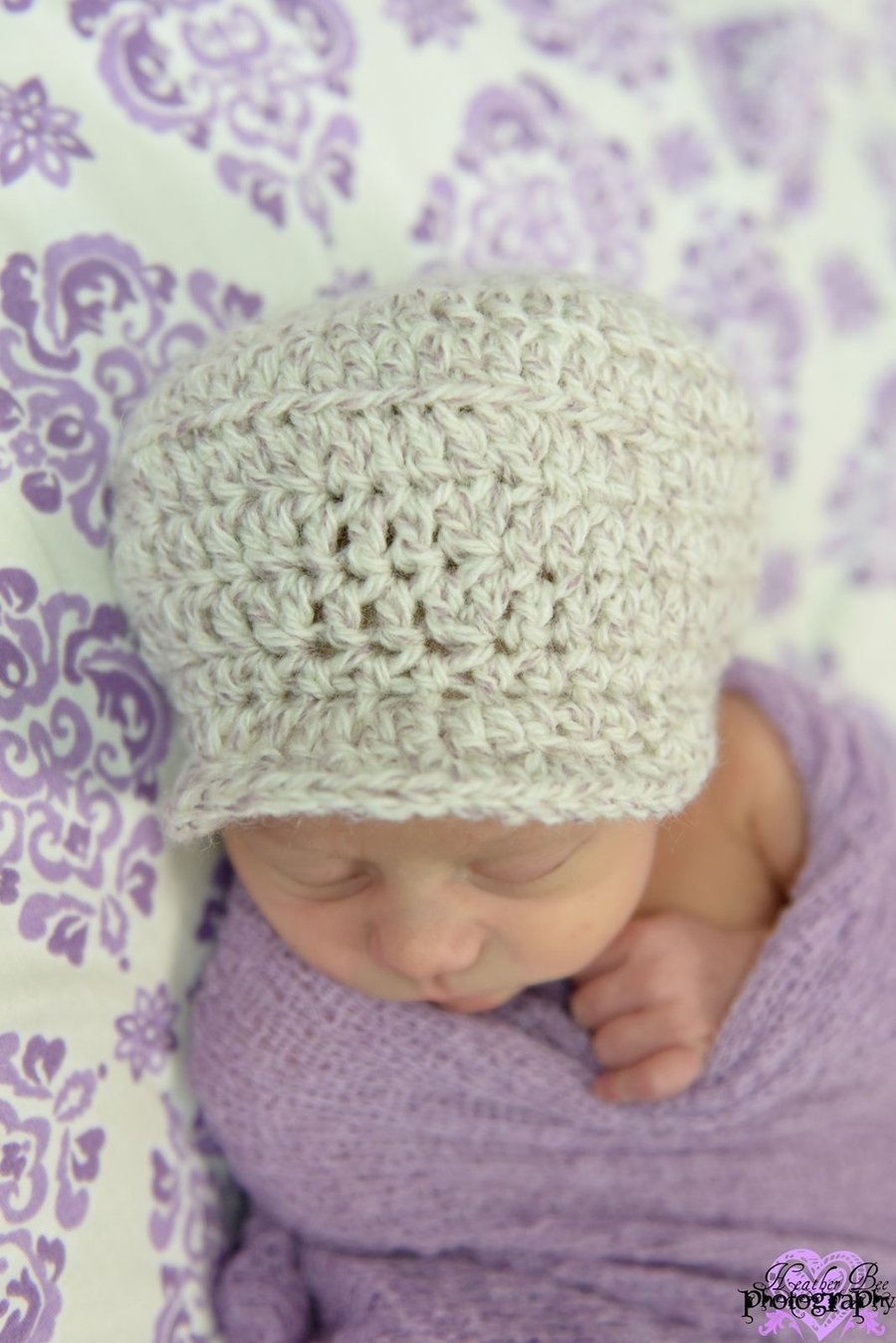 Newborn Baby Girls Hand Crochet Lilac Light Stone Flat Cap Photo Prop Hat