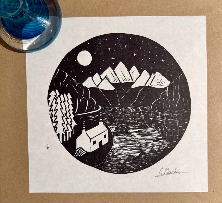 Perfectly Imperfect - Moonlit Mountains - original hand burnished lino print