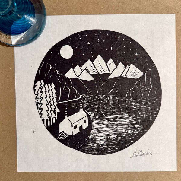 Perfectly Imperfect - Moonlit Mountains - original hand burnished lino print