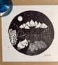 Perfectly Imperfect - Moonlit Mountains - original hand burnished lino print