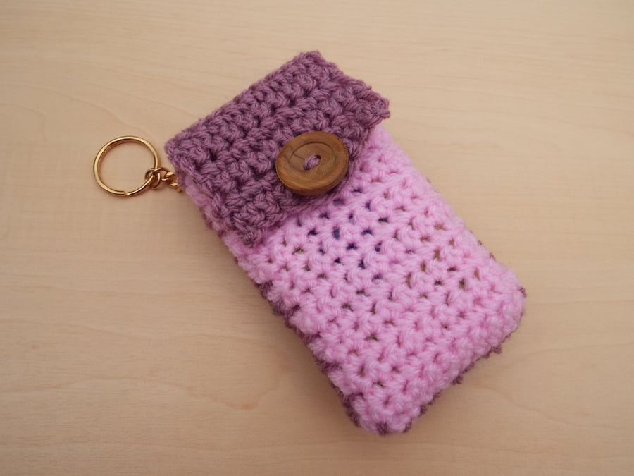 Sale! Hand crochet pocket tissue cover keyring mauve and pink with wooden button