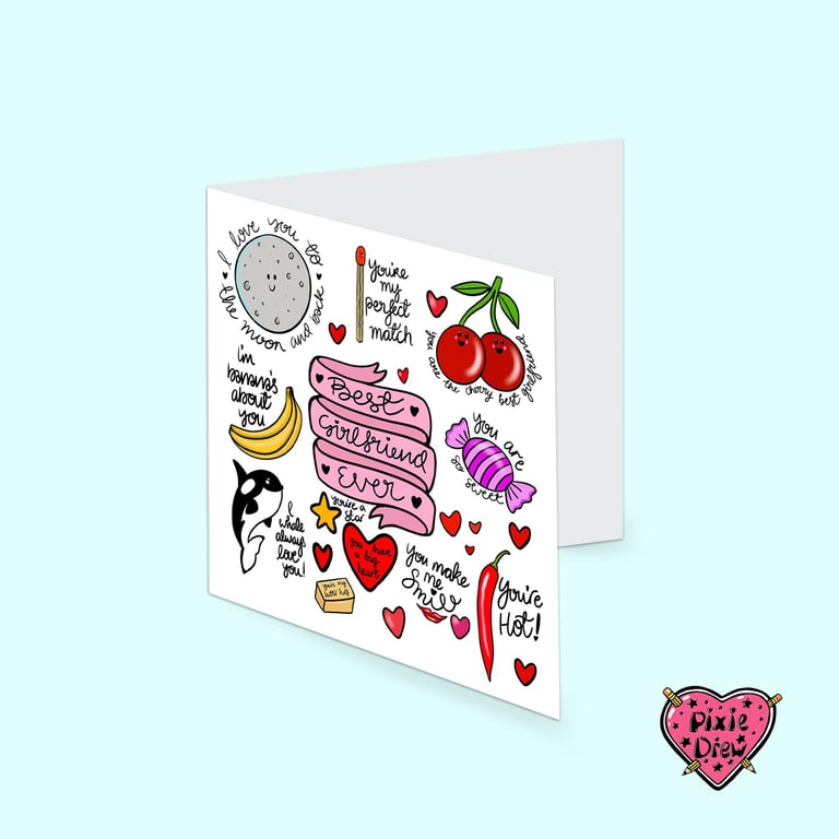 Girlfriend card with lots of punny illustrations