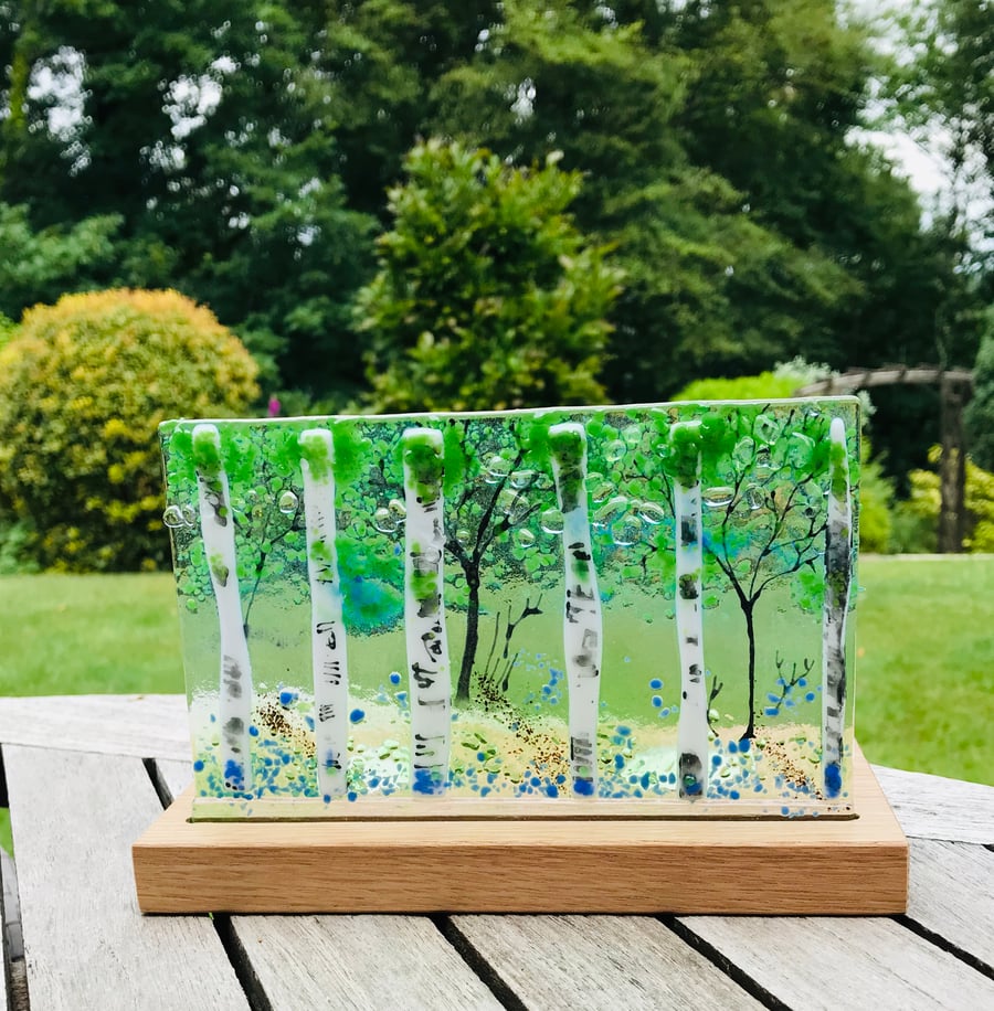Fused glass silver birch scene panel with candle holders 