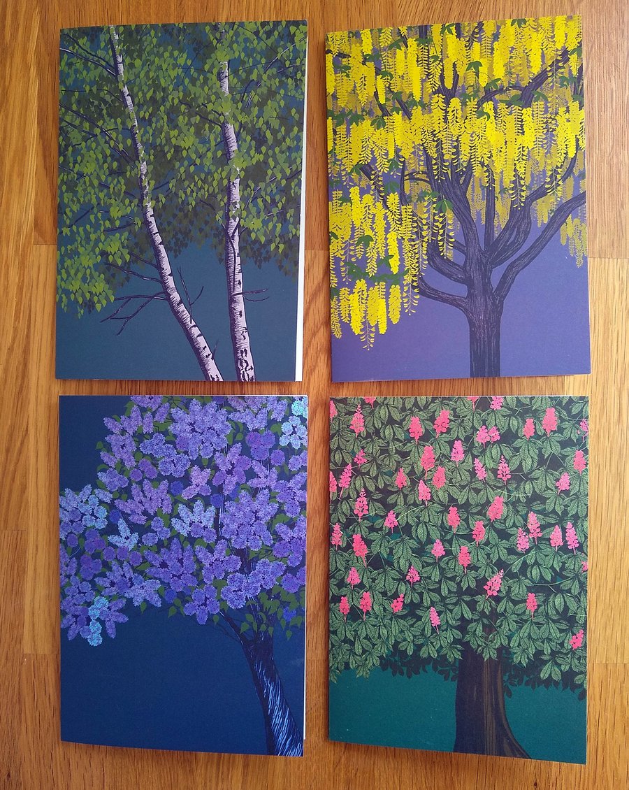 Set of 4 blank greetings cards featuring trees