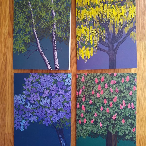 Set of 4 blank greetings cards featuring trees