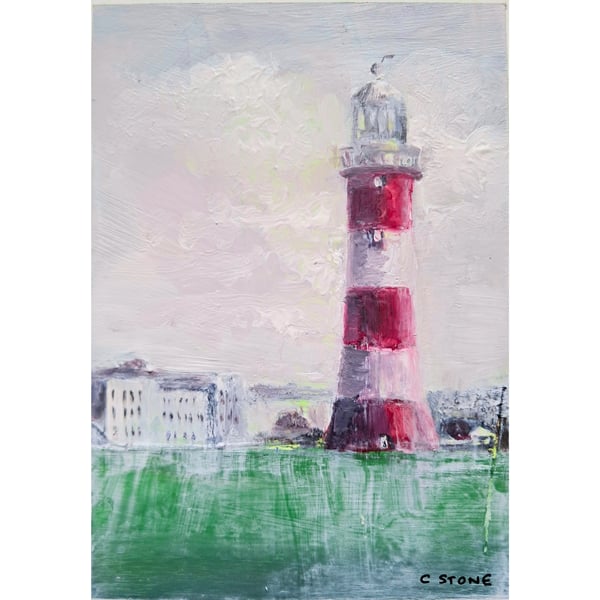 Smeaton's Tower Plymouth Devon Acrylic Painting on Yupo paper Mounted