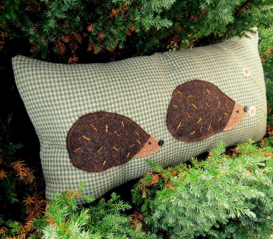 Hedgehogs.  Sale!  A  wool cushion with tweed hedgehogs.  57cm x 30cm. 