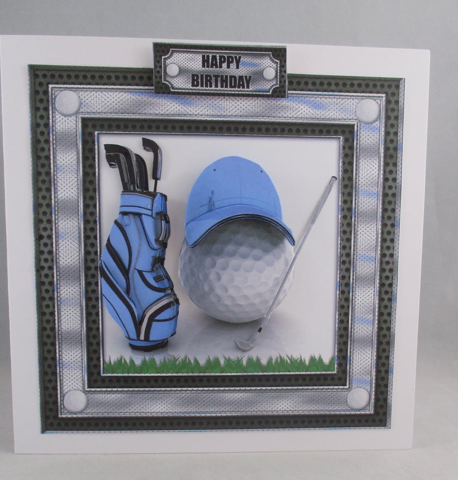 Golf Decoupage ,3D, Birthday Card,,Blue,Personalise