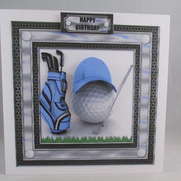 Golf Decoupage ,3D, Birthday Card,,Blue,Personalise