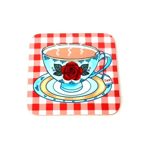 Vintage Tea Cup on Red Gingham Coaster