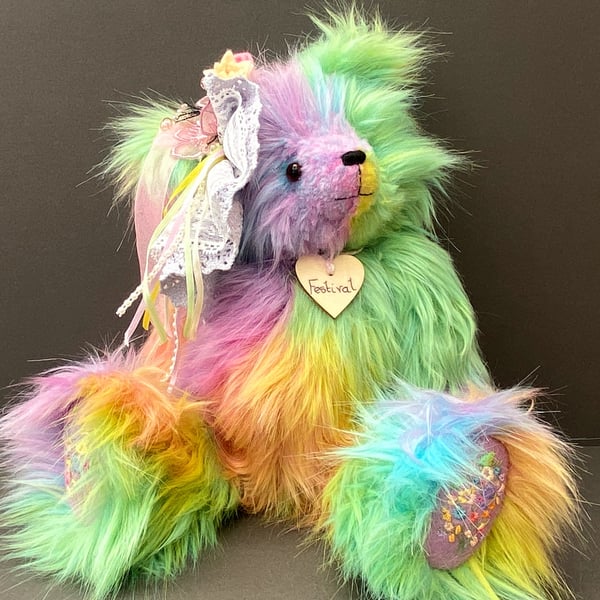 SOLD Mohair rainbow artist teddy bear, oak embroidered collectable bear