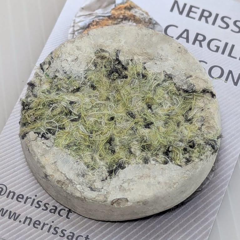 Light Green textile and papercrete Mixed Media Round 50mm Brooches