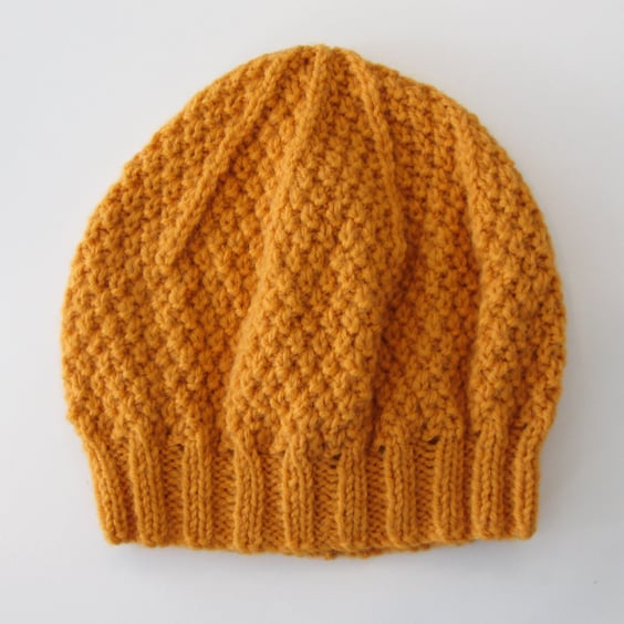 Beanie Hat in Mustard Aran Wool 