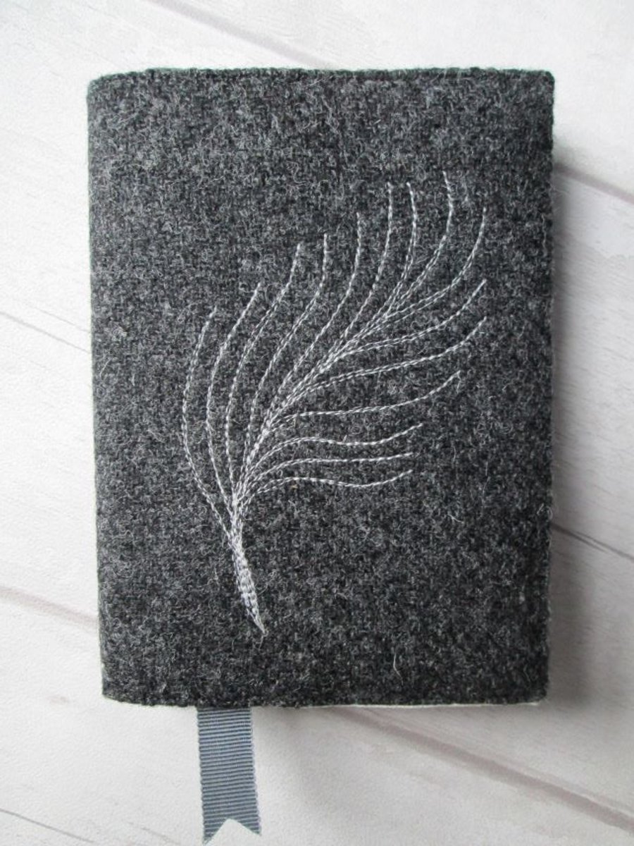 SOLD - A6 'Harris Tweed' Reusable Notebook, Diary Cover - Charcoal with Quill