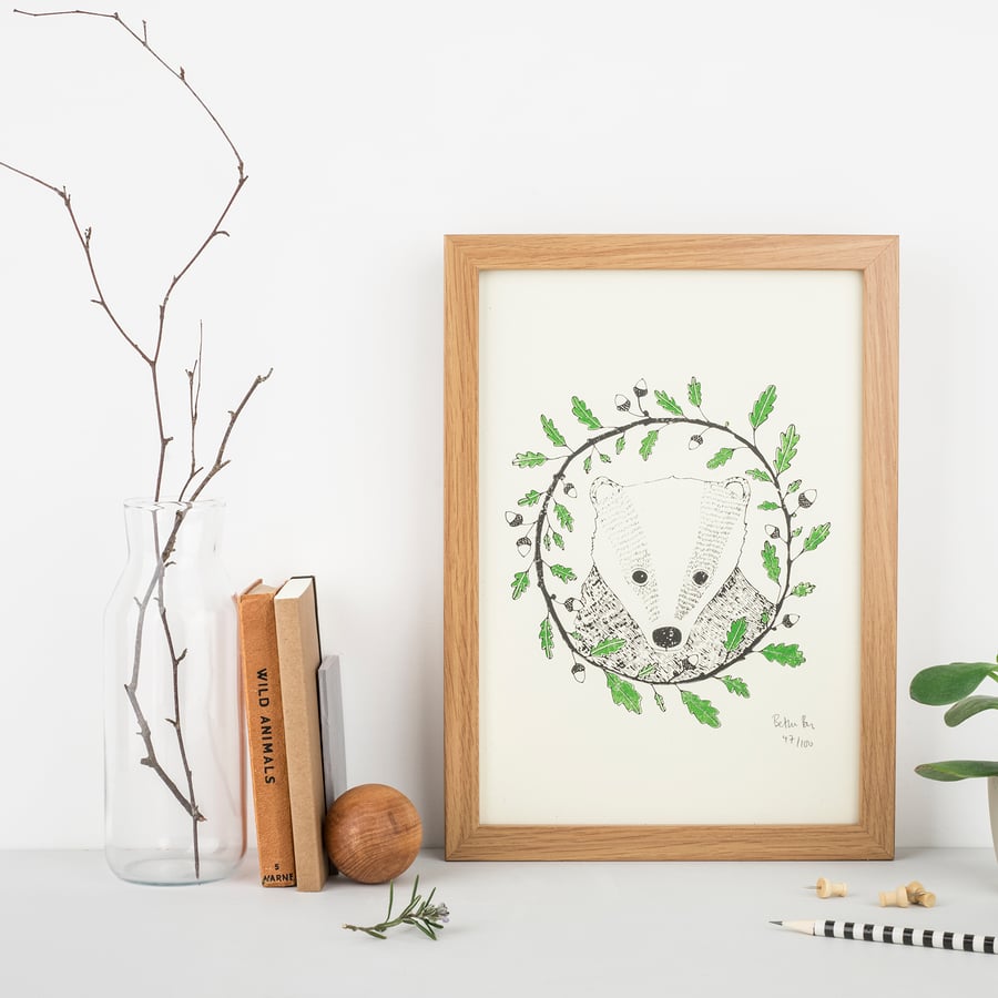 Badger and oak, 2 colour screen print