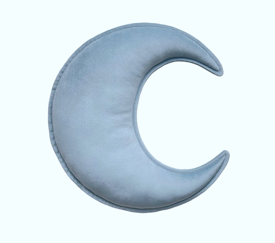 Sky Blue Velvet Crescent Moon Shaped Cushion Celestial Elegance Eid Mubarak Gift