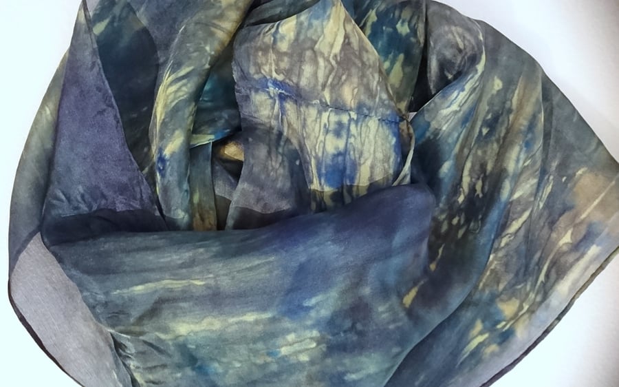   Deep blue and lime green vintage look Infinity style - Hand Painted Silk Scarf