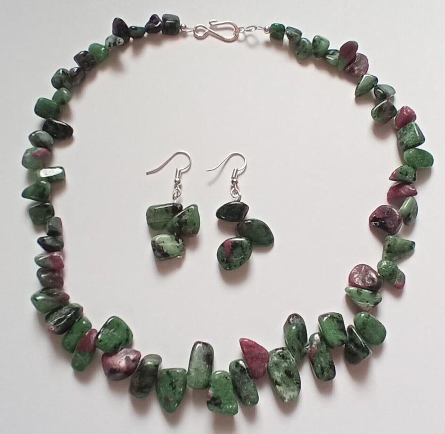 Handmade Ruby in Zoisite Statement Nugget Gemstone Necklace & Earrings Gift Set