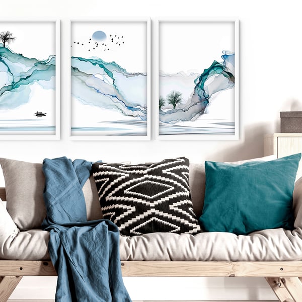 Calming Watercolor Painting Print,Set of 3 Minimalist Wall Prints, Zen Wall