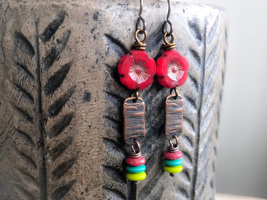 Multi Colour Czech Glass Beaded Earrings. Red Flower Earrings. Bohemian Earrings