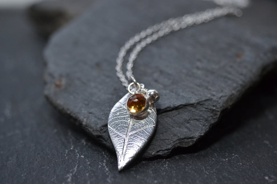 Silver leaf birthstone pendant necklace