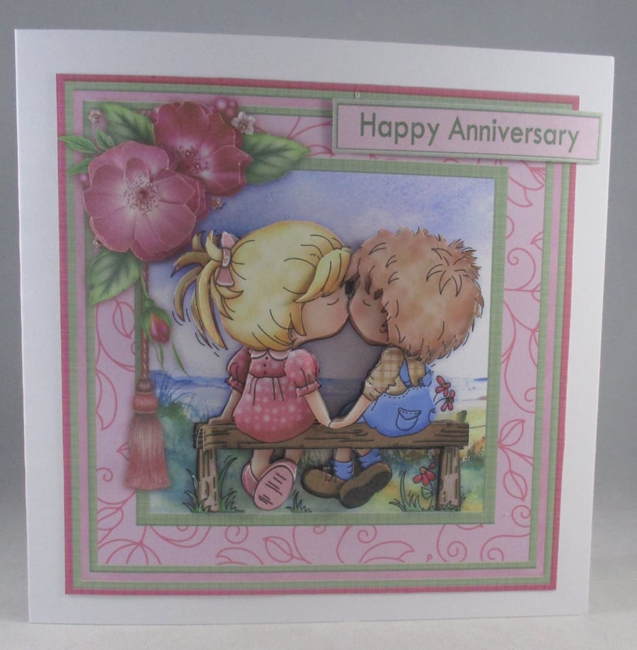 Cute Kissing Couple Anniversary Card, Engagement, Decoupage,3D,Personalise