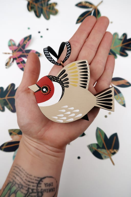 Gold finch hanging ornament, Bird Christmas tree decoration.