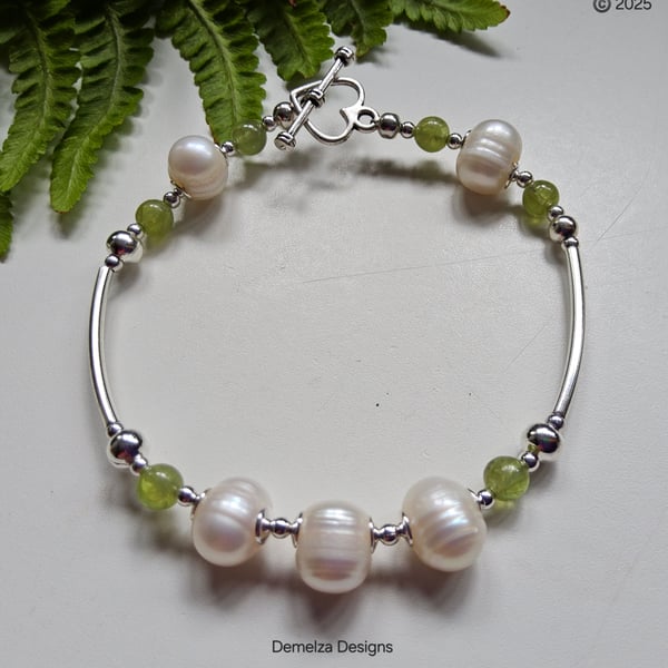 Designer Large Baroque Freshwater Pearls & Peridot Tibetan Silver Heart Clasp