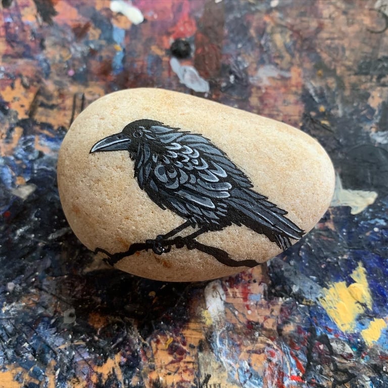 Painted Ravens Stone - Handpainted Nature Inspired Corvid Art Unique Bird Gifts