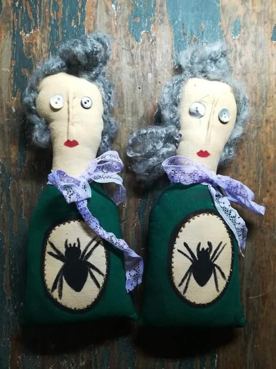 Handmade textile art doll, creepy, poison, Agatha Christie style, black widow