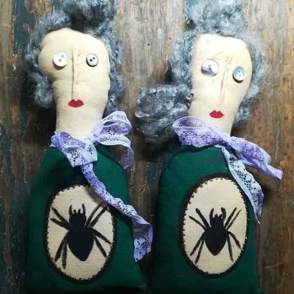 Handmade textile art doll, creepy, poison, Agatha Christie style, black widow