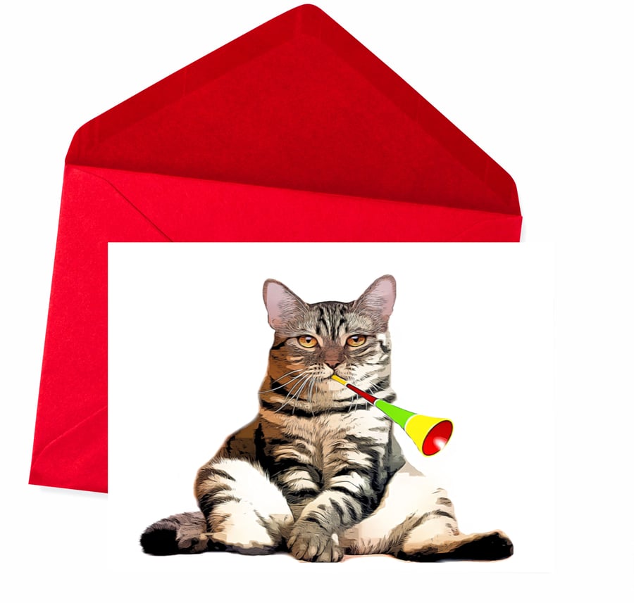 Cat Blowing a Party Horn, Funny, Cat Lover, Greeting Card