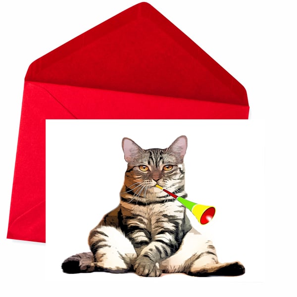 Cat Blowing a Party Horn, Funny, Cat Lover, Greeting Card