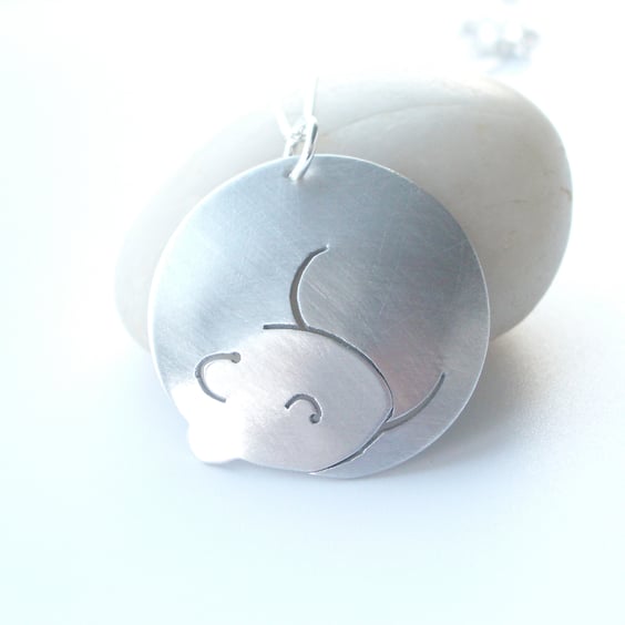 Mouse necklace pendant in brushed aluminium with sterling silver chain