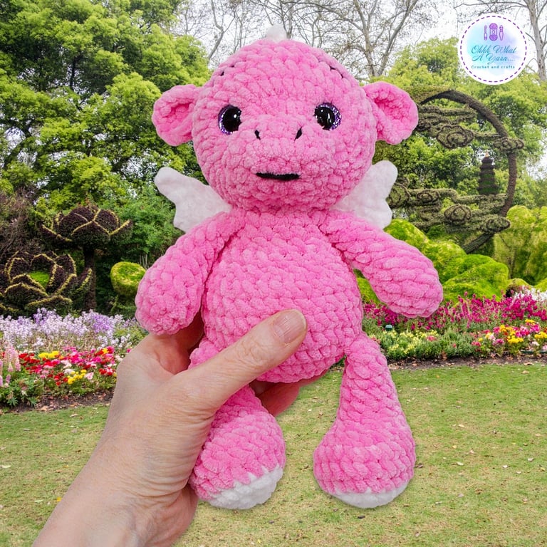 Crochet pink and white dragon soft toy. Dragon plushie. Dragon toy. UKCA tested.