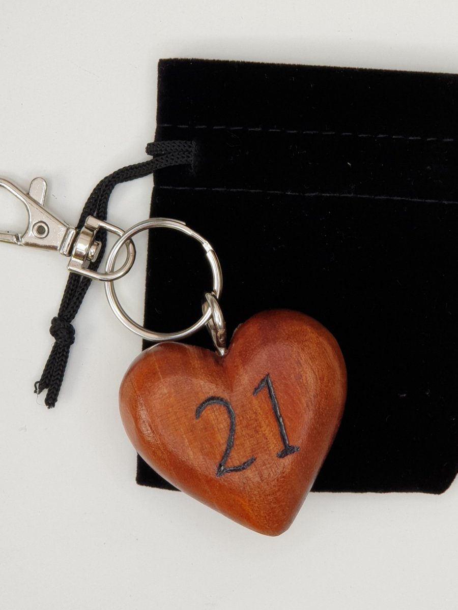 Handburnt 21st birthday keyring heart keepsake 