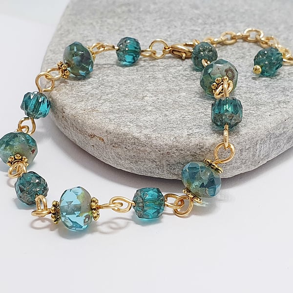 Ocean blue-green and teal Chunky Czech glass bead bracelet 