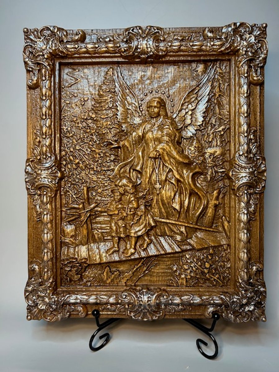 Angel Protecting Children,Detailed 3D Oak Relief,Handmade Wood Carving Panel