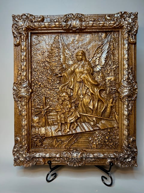 Angel Protecting Children,Detailed 3D Oak Relief,Handmade Wood Carving Panel