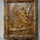 Angel Protecting Children,Detailed 3D Oak Relief,Handmade Wood Carving Panel
