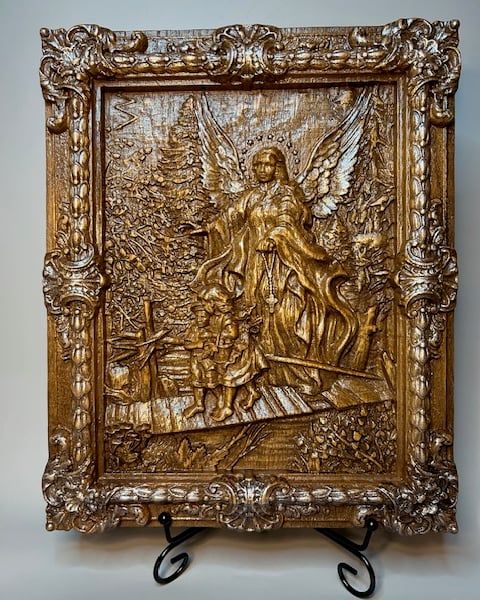 Angel Protecting Children,Detailed 3D Oak Relief,Handmade Wood Carving Panel