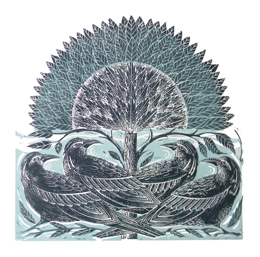 Four Crows Original Linocut Print blue