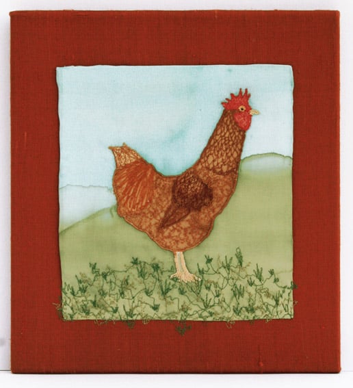 "Chicken no. 2" - original painted and stitched silk picture