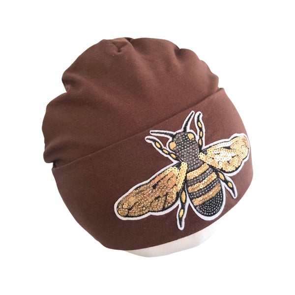 Brown Bumble Bee Beanie Hat for Women Embellished Women's Stretchy Cotton Beanie