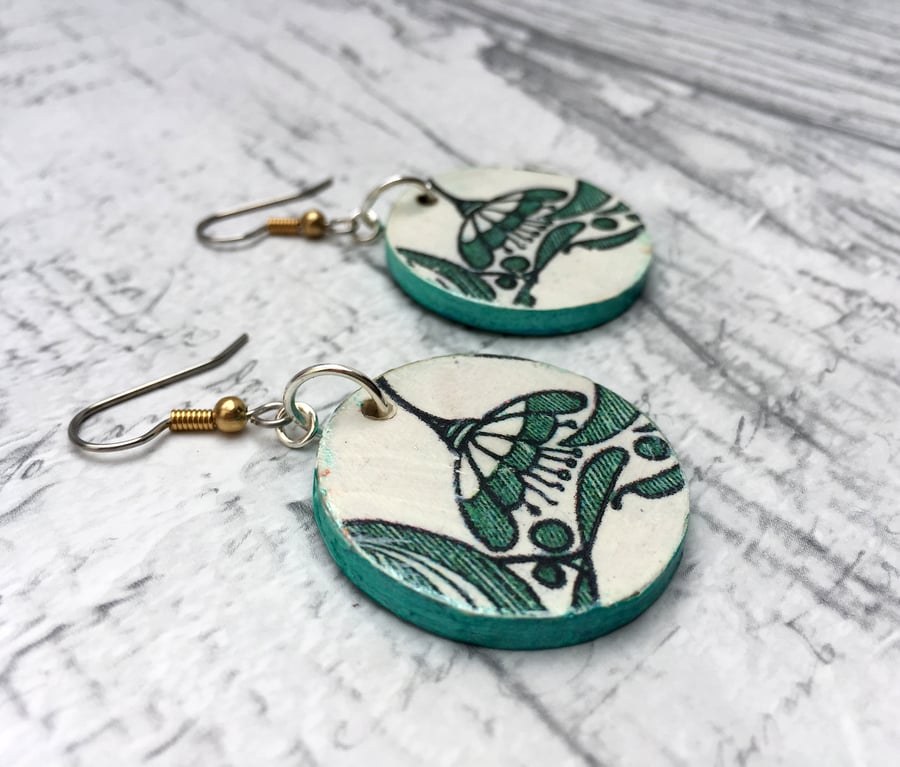 Snowdrops Art Nouveau stylised dangle earrings green and aqua iridescent paint