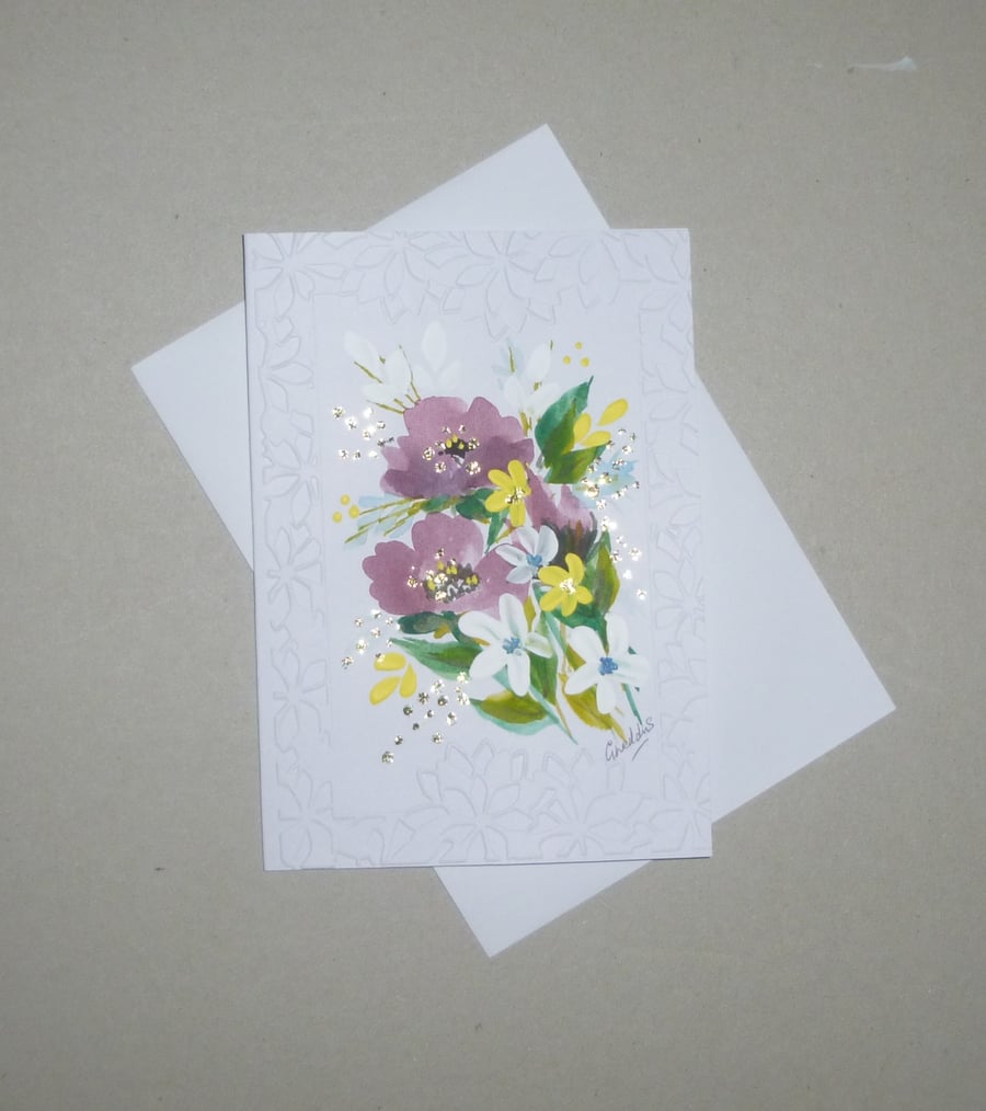 original art hand painted floral blank card  ( ref fa 257 A1 )